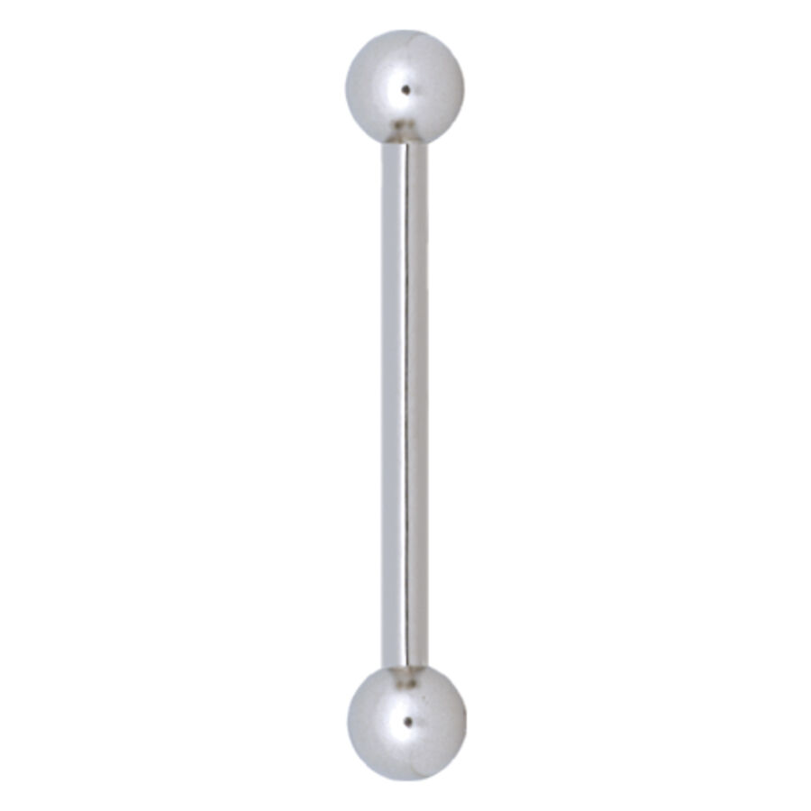 Barbell en titane argenté avec boules Barbell argenté en titane avec deux boules aux extrémités sur fond blanc