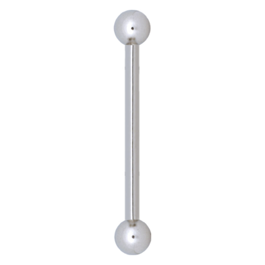 Barbell piercing en titane argenté Barbell piercing argenté avec boules aux deux extrémités sur fond blanc