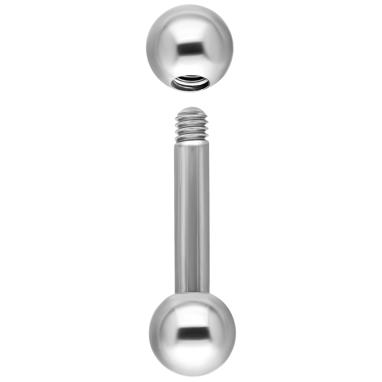 Barbell en titane argenté 1,6 mm x 20 mm Barbell en titane argenté avec filetage externe, boules en haut et en bas, sur fond blanc.