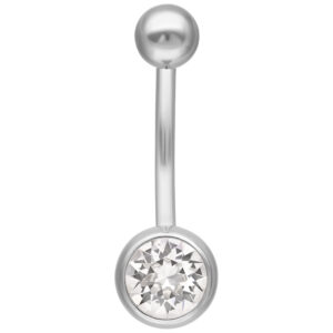 Piercing nombril argenté avec cristal clair sur fond blanc