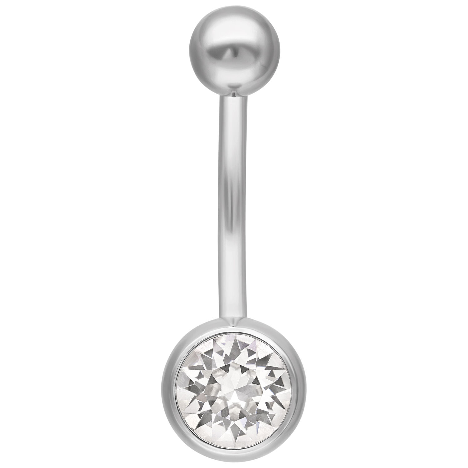 Banane en titane argentée avec cristal Piercing nombril argenté avec cristal clair sur fond blanc