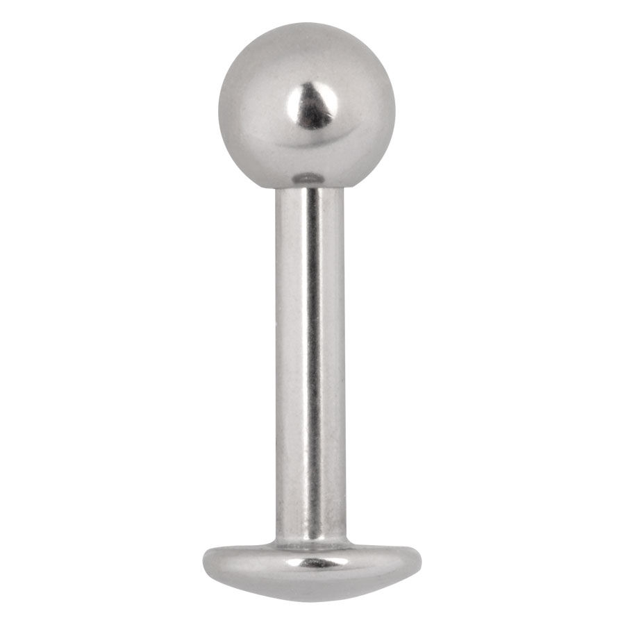 Labret en titane argenté avec boule et filetage externe sur fond blanc