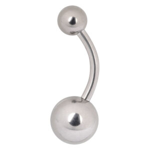 Banane de nombril argentée en titane, boules de 5 mm et 8 mm, sur fond blanc