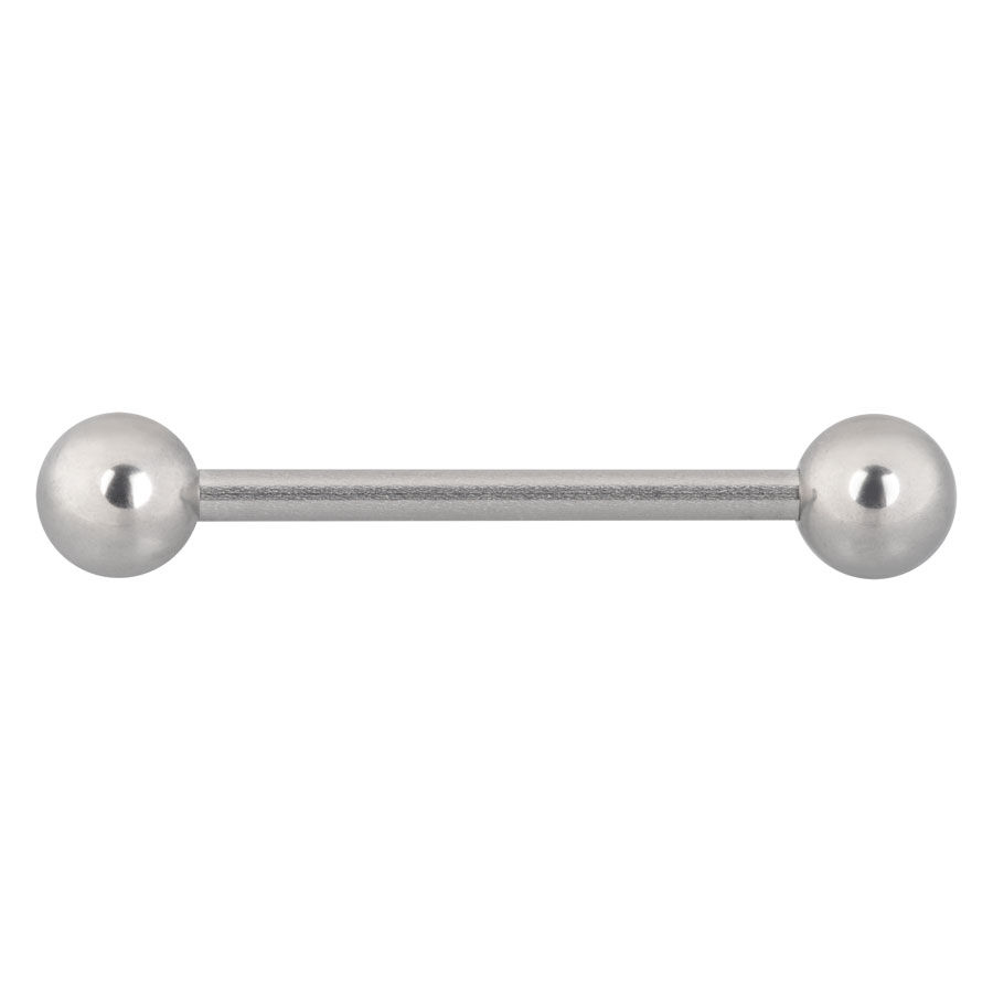 Barbell en titane argenté 18 mm, boule 5 mm Barbell en titane argenté de 18 mm de long avec des boules de 5 mm sur fond blanc