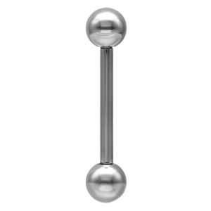 Barbell argenté en titane avec des boules à chaque extrémité sur fond blanc