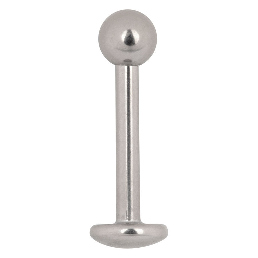 Labret en titane argenté avec filetage externe Labret en titane argenté avec boule sur fond blanc