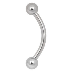 Piercing courbé en titane argenté avec deux boules sur fond blanc