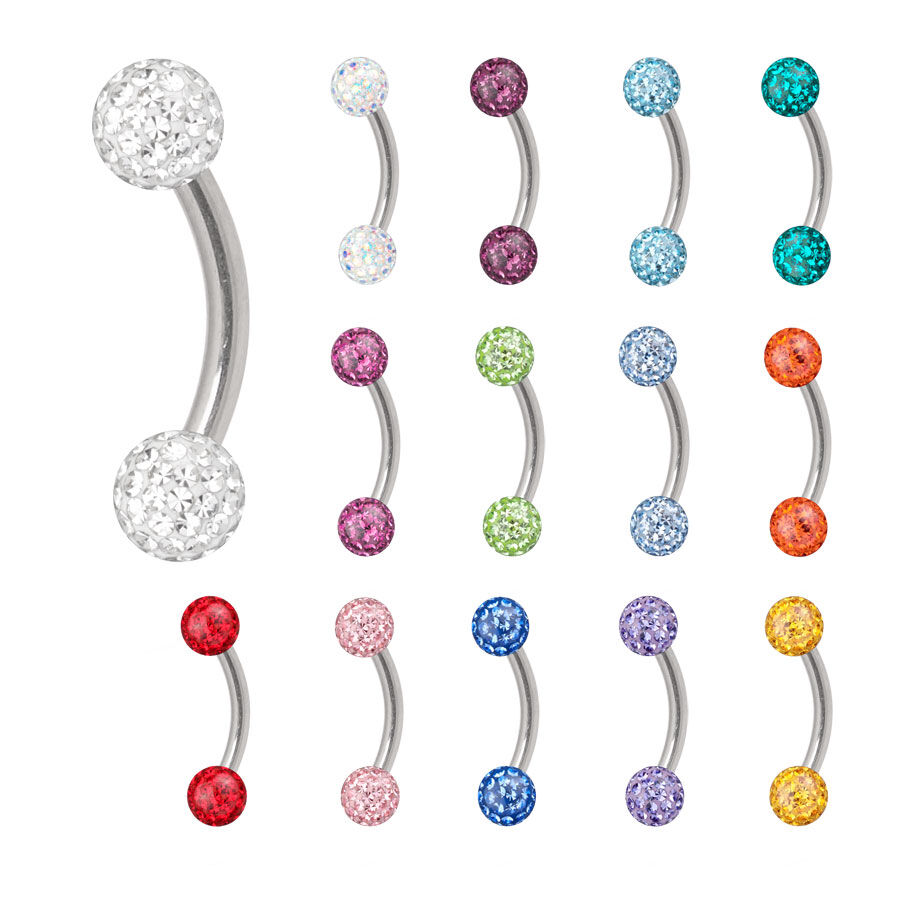 Micro Bananabell Piercing en Titane Coloré Différents Micro Bananabells en titane avec des boules en cristal colorées sur fond blanc