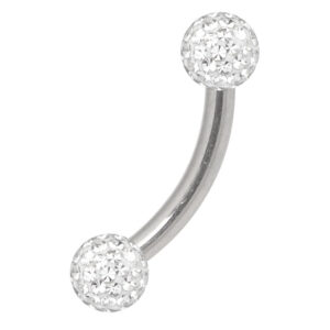 Piercing en titane argenté avec boules cristallines sur fond blanc
