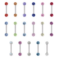 Barbells de piercing en titane colorés 16 pièces Seize barbells de piercing colorés en titane, chacun avec deux boules en cristal de différentes couleurs, sur fond blanc.