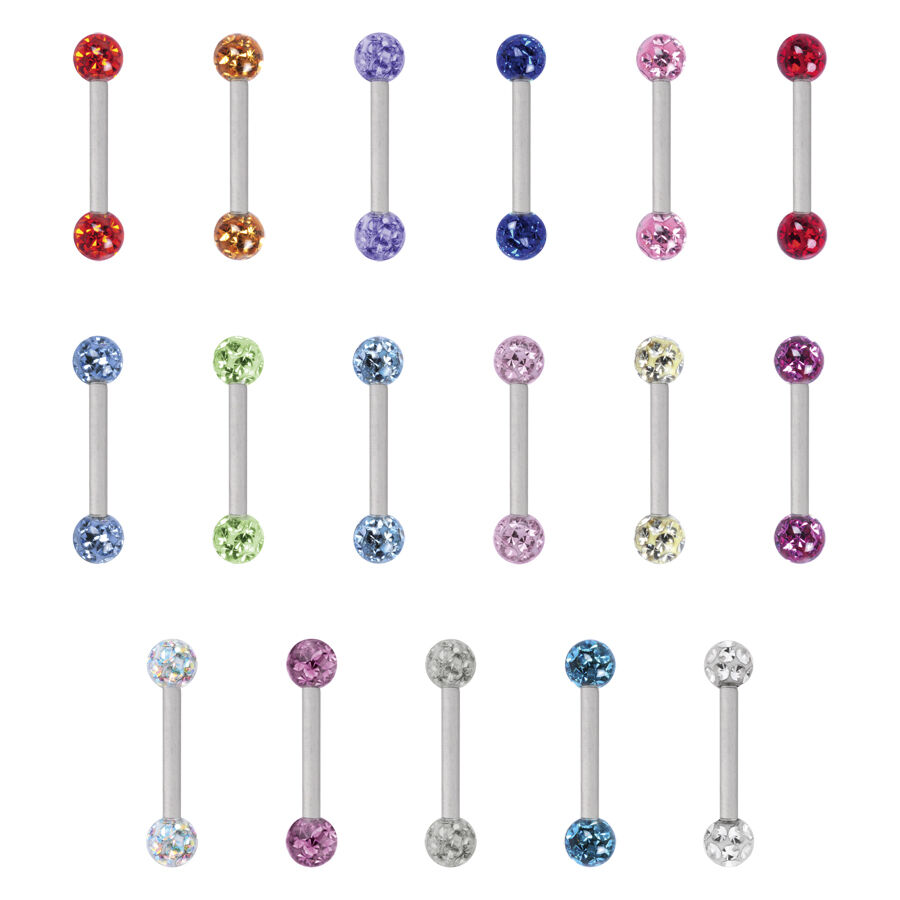 Barbells de piercing en titane colorés 16 pièces Seize barbells de piercing colorés en titane, chacun avec deux boules en cristal de différentes couleurs, sur fond blanc.