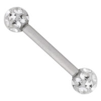 Piercing en titane argenté avec cristaux Piercing barbell argenté avec boules en cristal scintillantes sur fond blanc