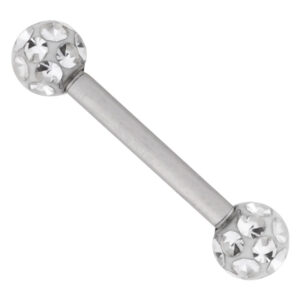 Piercing barbell argenté avec boules en cristal scintillantes sur fond blanc