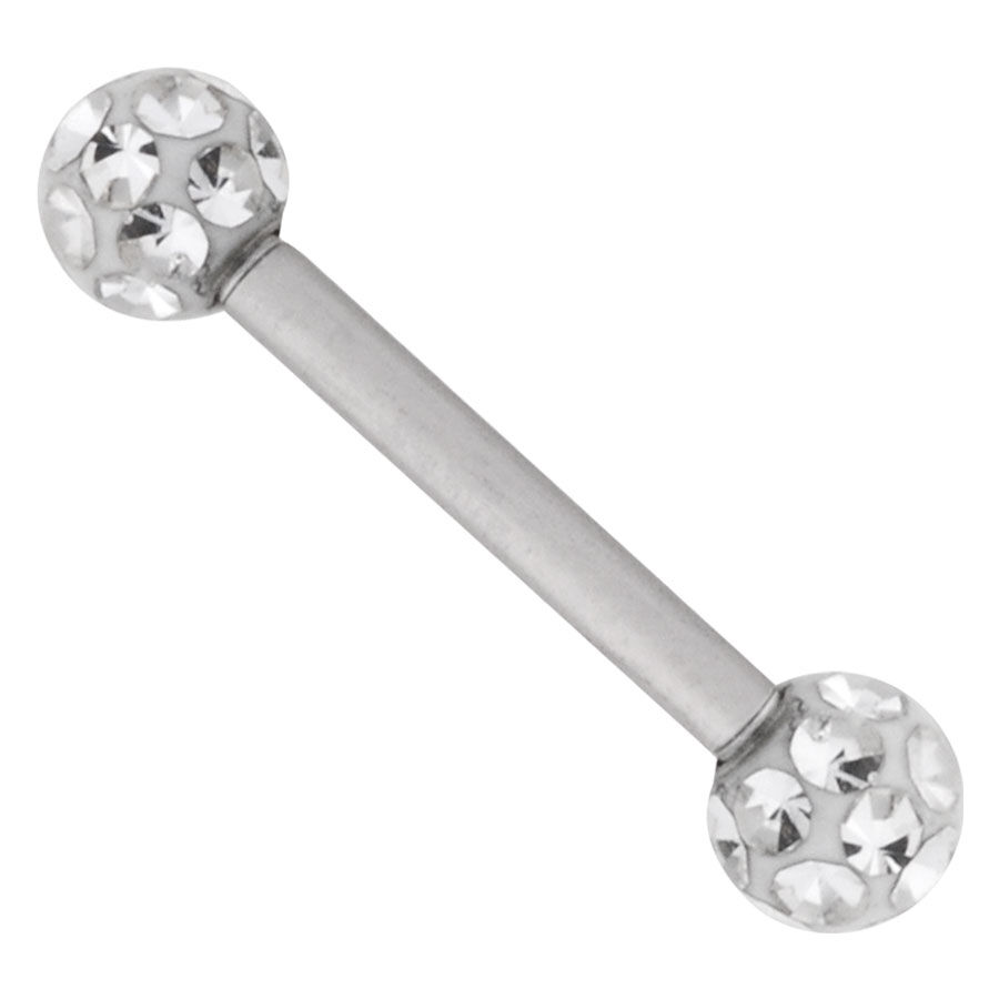 Piercing en titane argenté avec cristaux Piercing barbell argenté avec boules en cristal scintillantes sur fond blanc