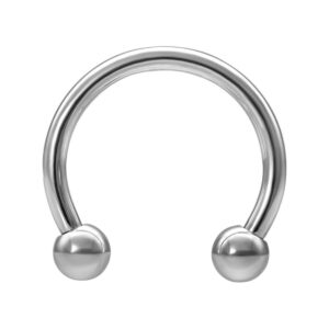 Barbell circulaire argenté avec filetage externe et embouts sphériques sur fond blanc