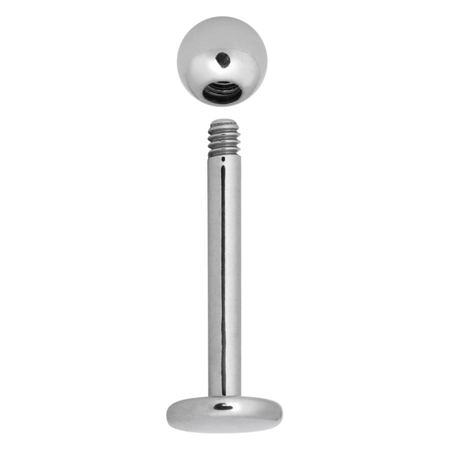 Labret en titane avec filetage externe, argent Labret argenté avec filetage externe, boule et plaque plate sur fond blanc
