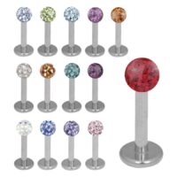 Labret en titane argenté avec cristaux Labret argenté en titane avec différentes couleurs de cristaux sur fond blanc
