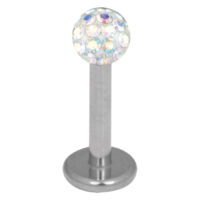 Labret en titane argenté avec cristal Aurora Boreale Labret en titane argenté avec cristal Aurora Boreale de 3,0 mm sur fond blanc