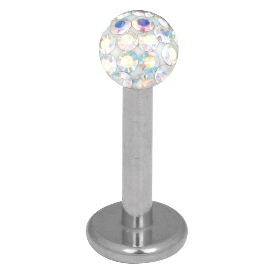 Labret en titane argenté avec cristal Aurora Boreale Labret en titane argenté avec cristal Aurora Boreale de 3,0 mm sur fond blanc