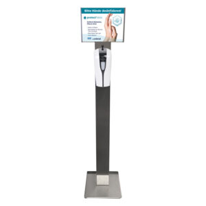 Support en acier inoxydable avec distributeur de désinfectant et panneau d'information