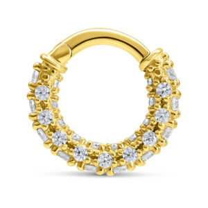 Anneau articulé en or 18K avec cristaux clairs sur fond blanc