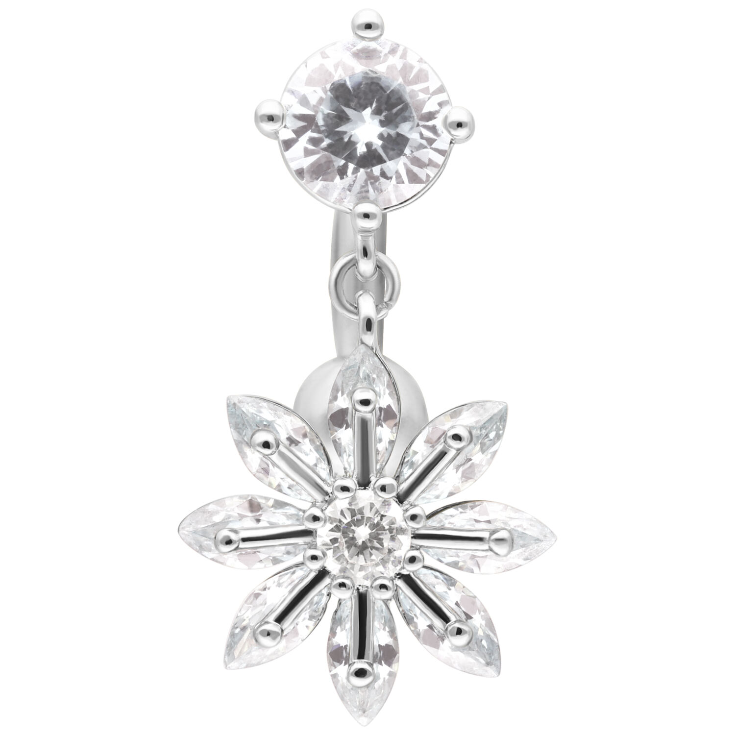 Piercing nombril fleur en argent avec cristal Piercing bananabell en argent avec pendentif fleur et cristal clair sur fond blanc