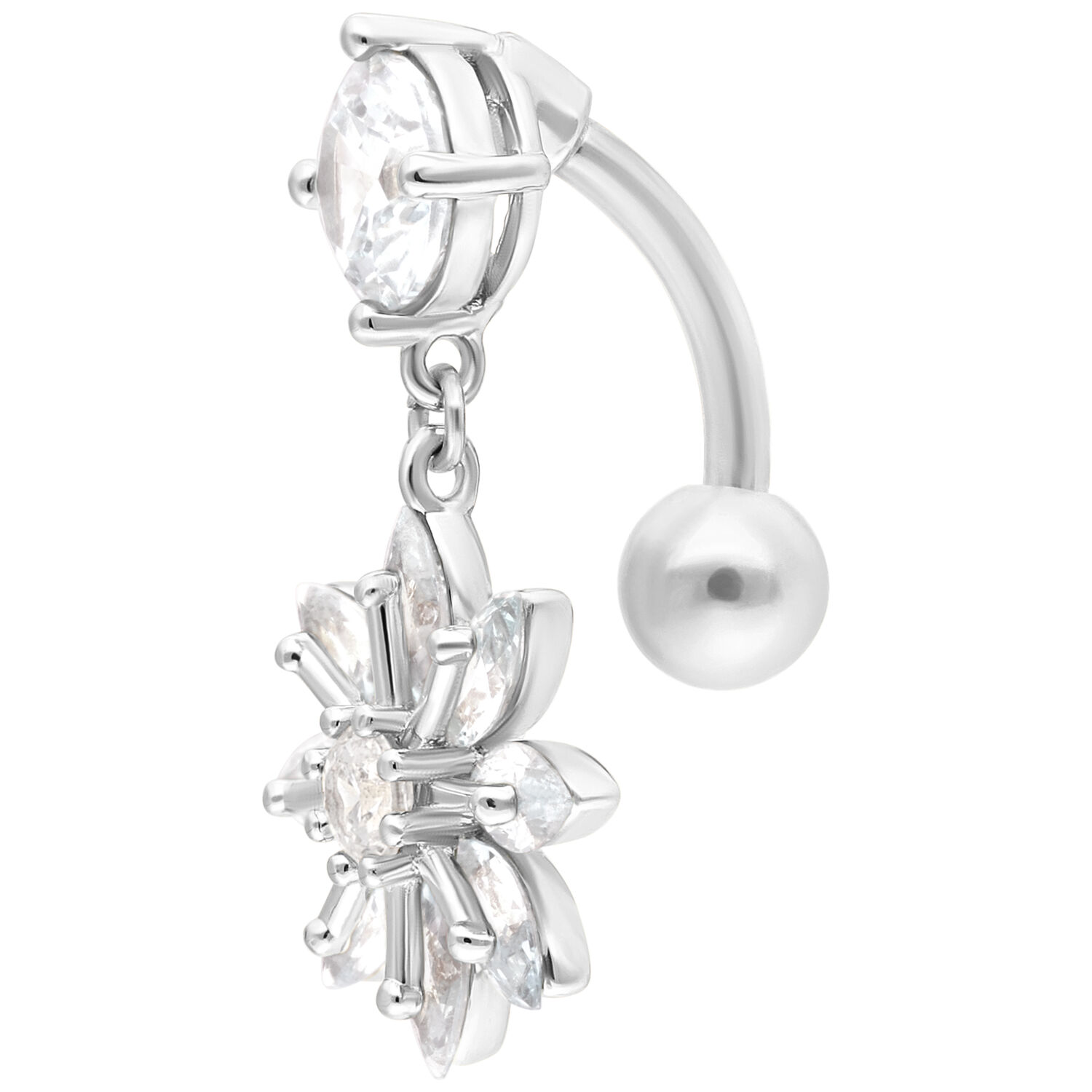 Banane fleurie argentée avec cristaux Banane argentée avec pendentif fleur et cristaux clairs sur fond blanc