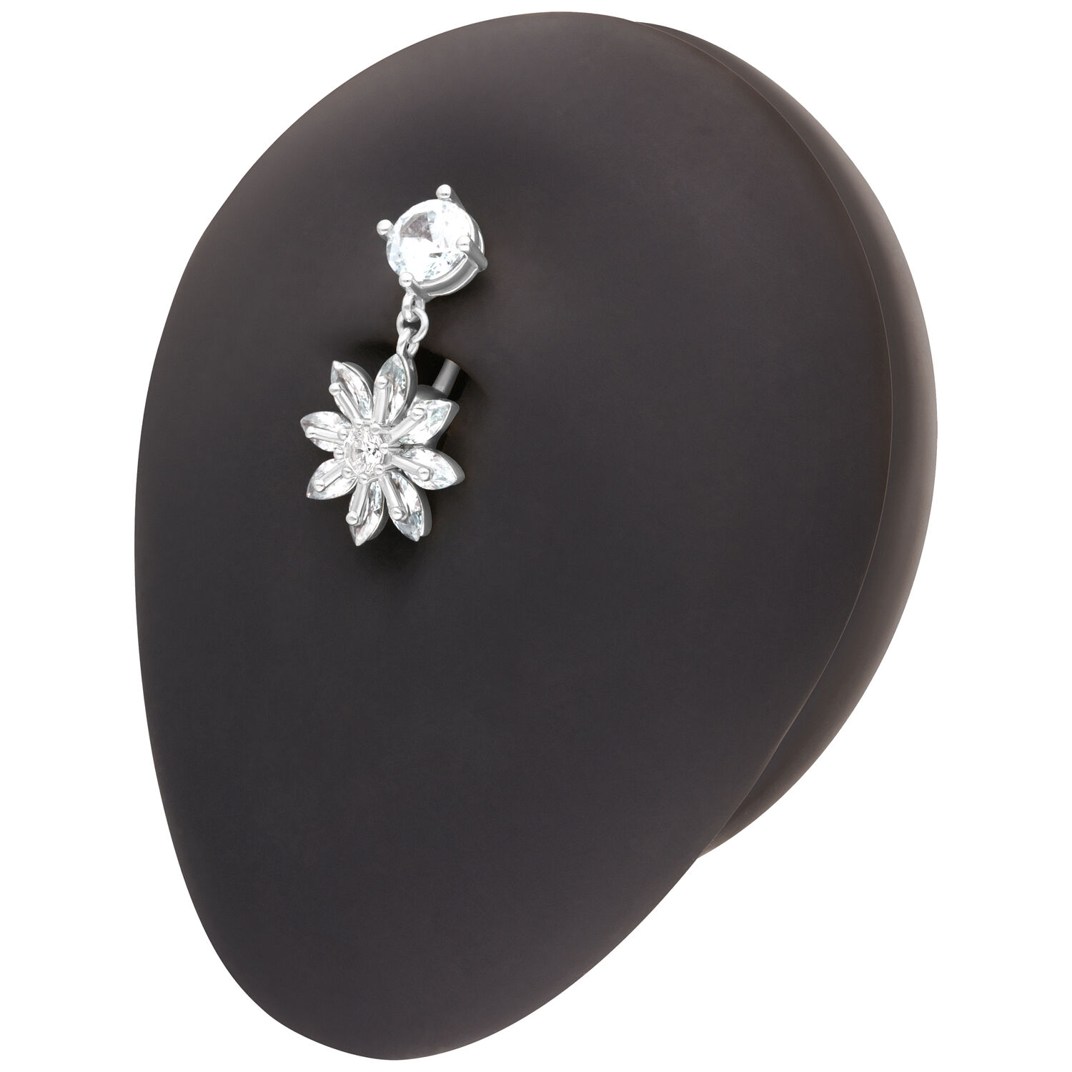 Piercing de nombril fleur argentée Bananabell argenté avec pendentif fleur sur présentoir noir