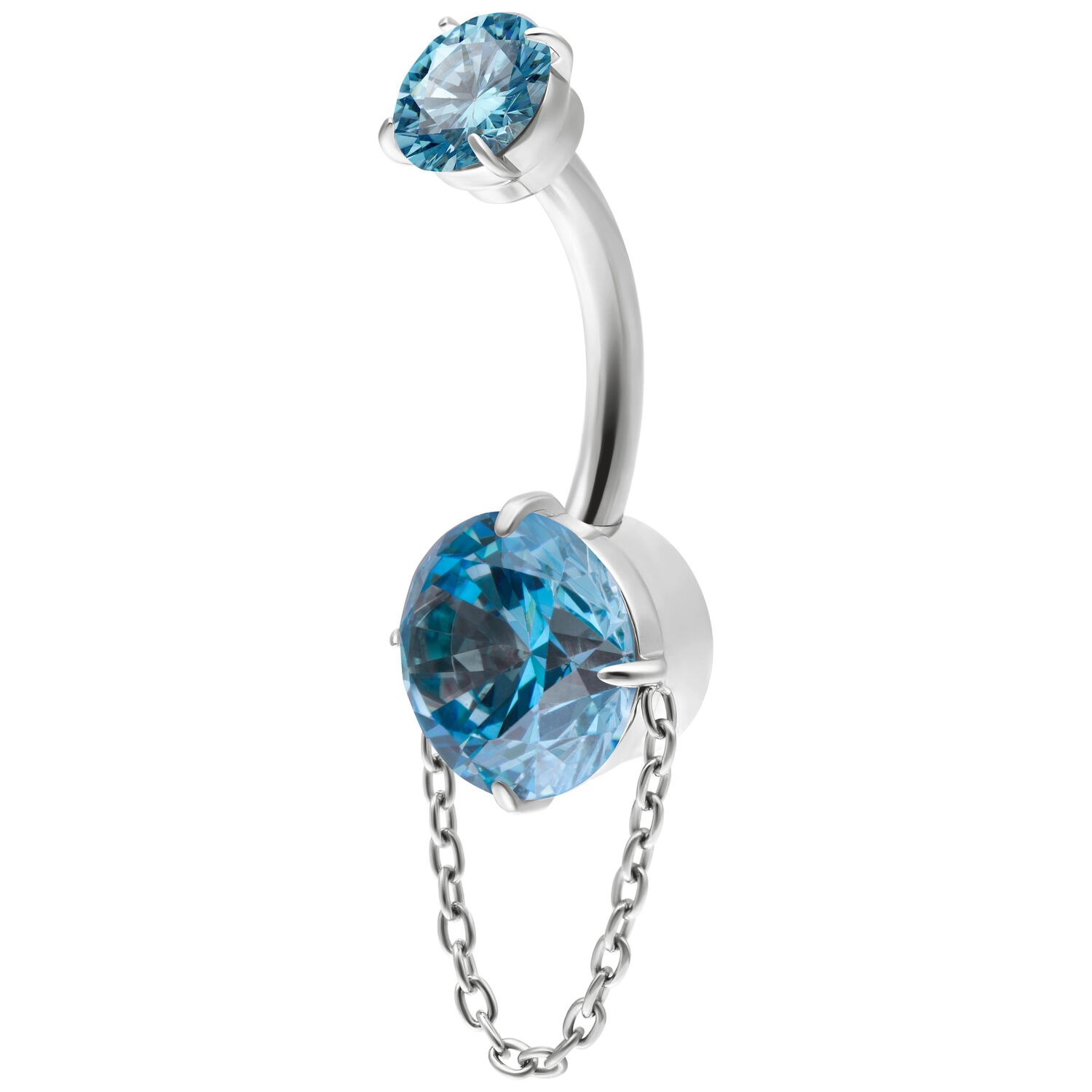 Piercing de nombril avec cristaux turquoises Piercing de nombril avec deux cristaux turquoises et une chaîne, dans un design ondulé sur fond blanc