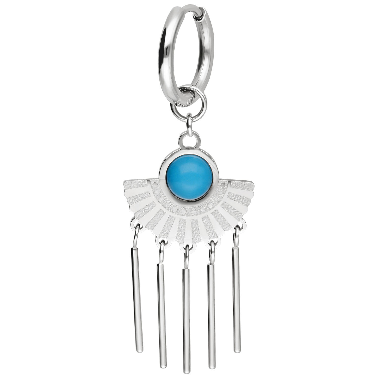 Boucle d'oreille argentée avec pierre turquoise bleue et cinq tiges pendantes