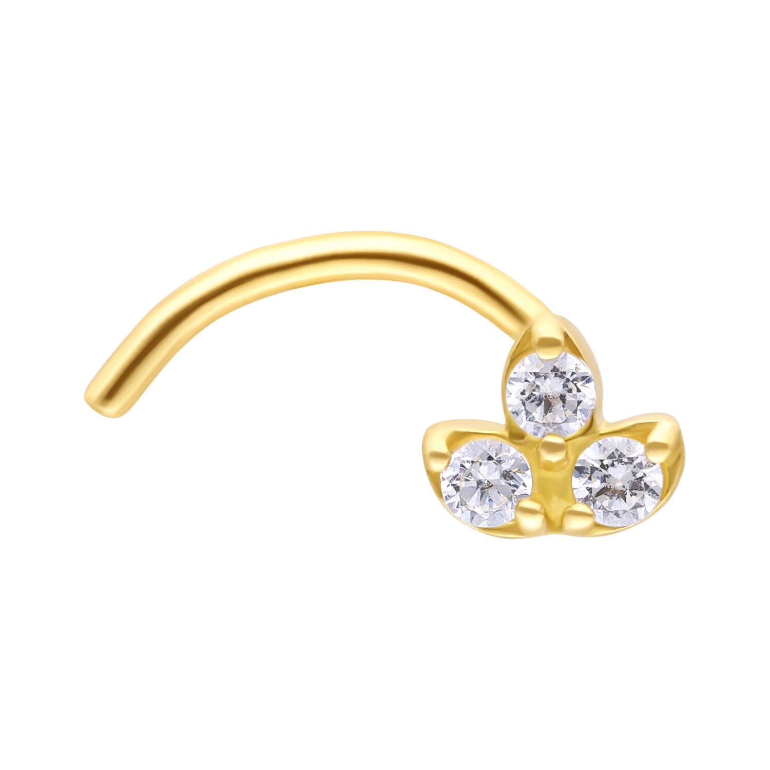 Clou de nez en or 18K avec zirconium Lotus Clou de nez doré en forme de lotus avec trois cristaux de zirconium clairs sur fond blanc
