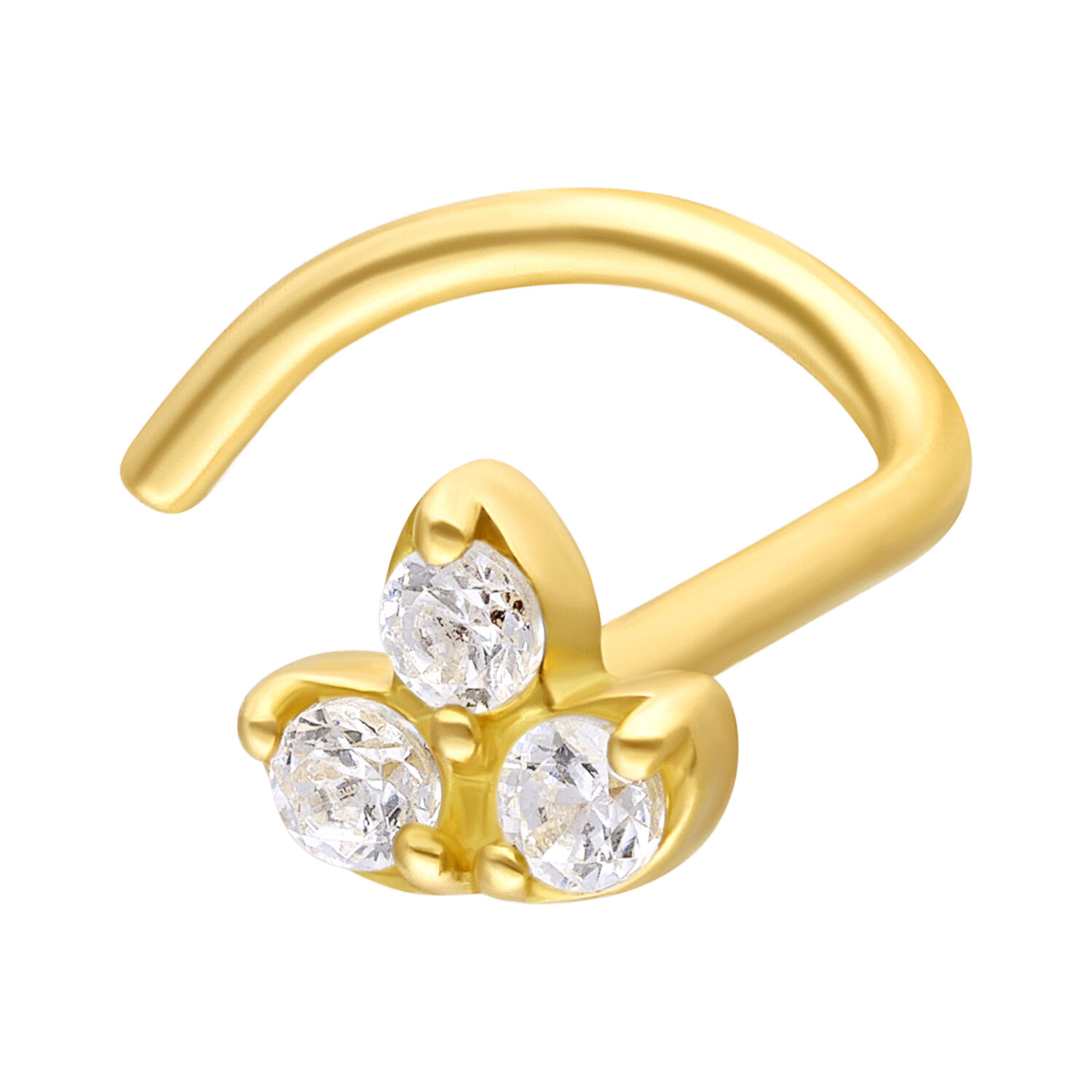 Clou de nez en or 18K avec zirconium Clou de nez doré avec trois zirconiums clairs sur fond blanc