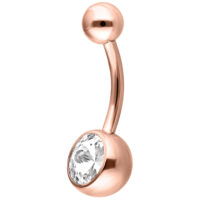 Piercing de nombril en or rose avec cristal Bananabell en or rose avec cristal clair sur fond blanc