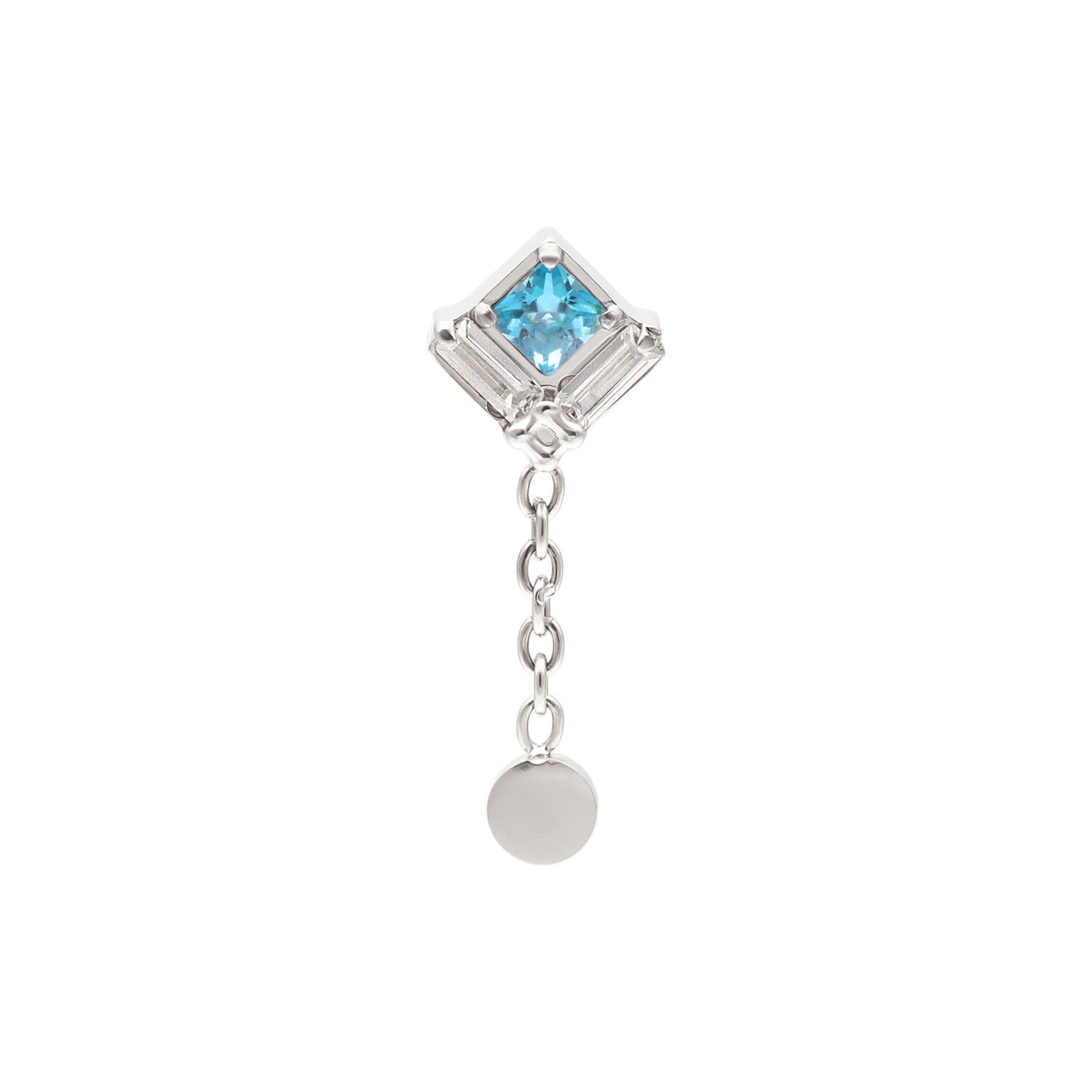 Embout de chaîne en cristal argenté Push Fit Embout de chaîne argenté avec cristal bleu carré sur fond blanc