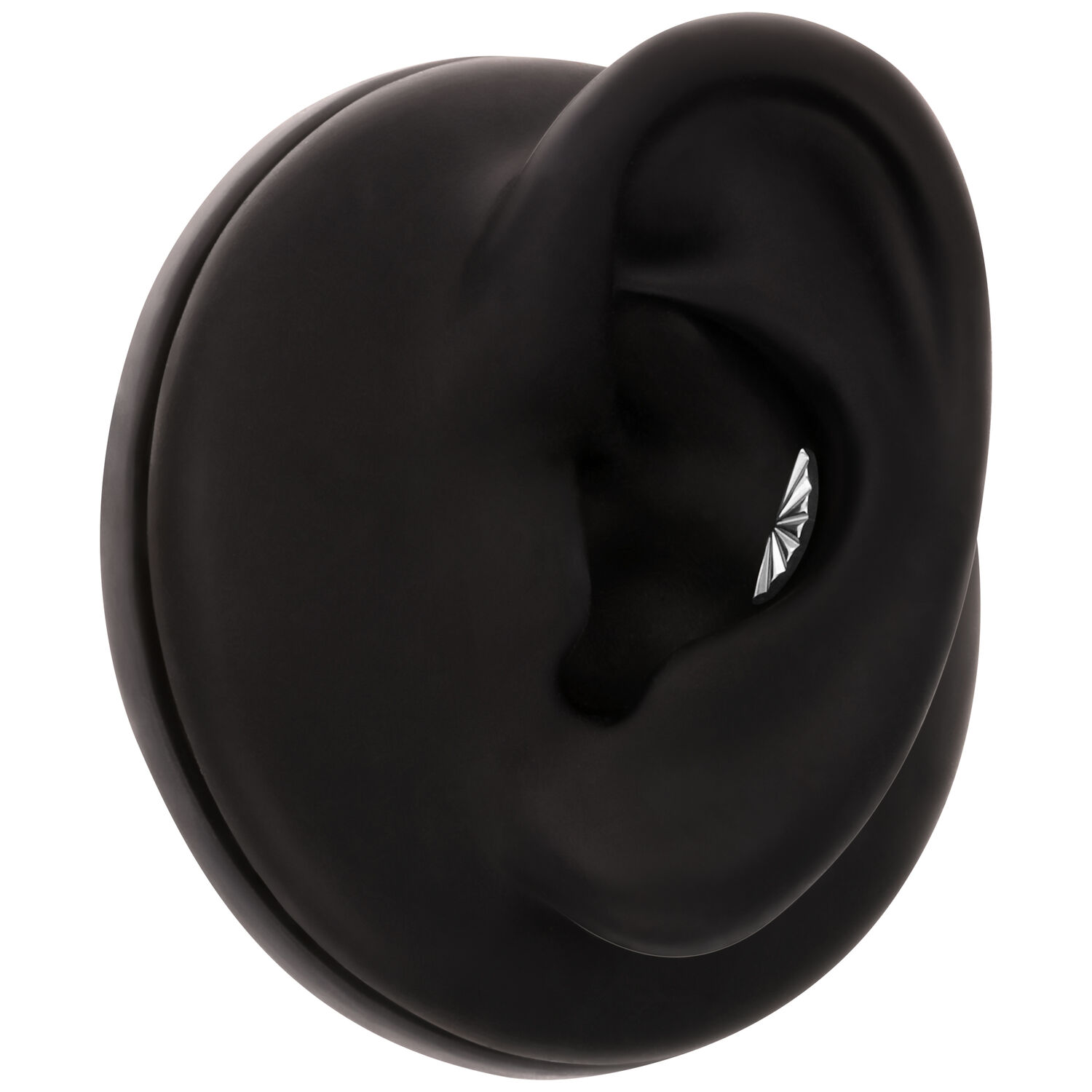 Embout d'oreille noir avec détail argenté Embout d'oreille noir avec motif rainuré argenté à l'intérieur, en position libre