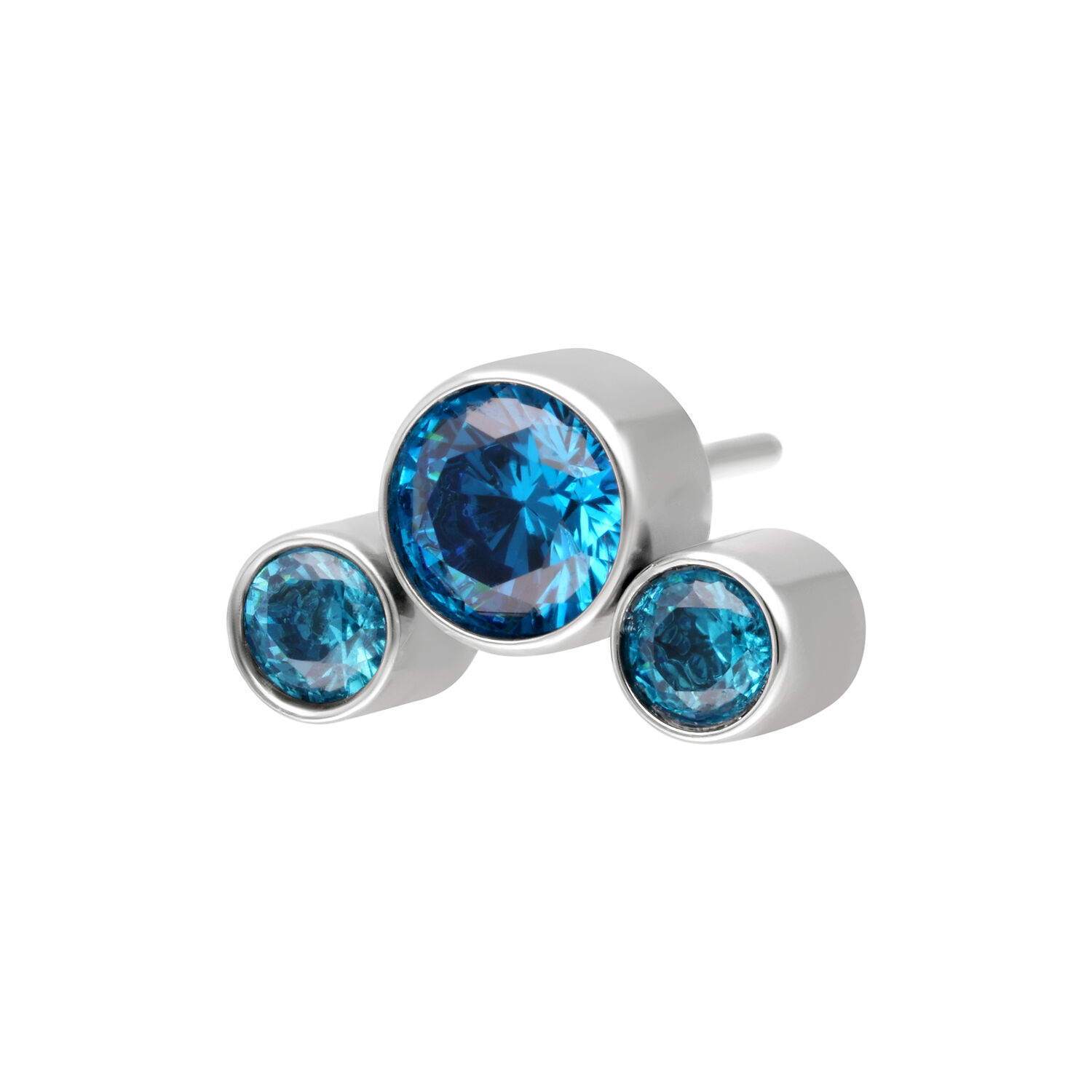 Embout en cristal turquoise titane or blanc Trois cristaux ronds turquoise dans un sertissage en titane or blanc sur fond blanc