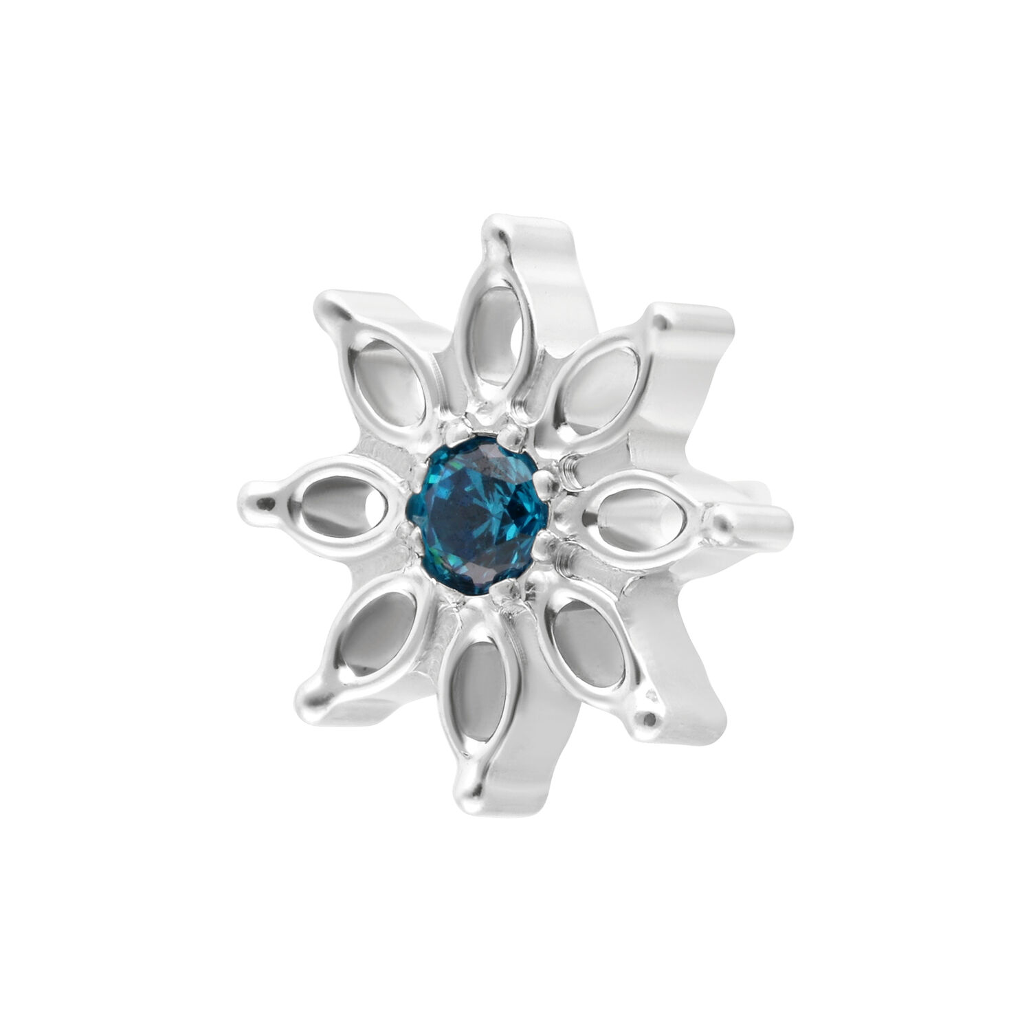 Embout Fleur en Cristal Turquoise en Or Blanc Embout fleur en or blanc avec cristal turquoise, sur fond blanc