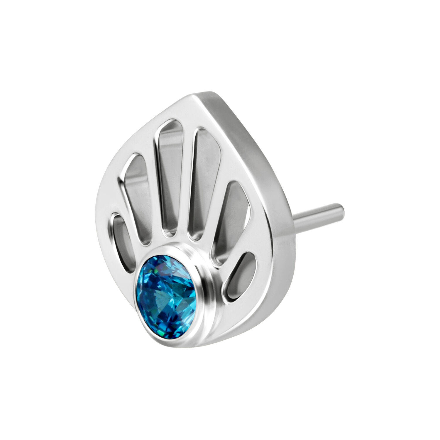 Embout Coquillage en Or Blanc avec Cristal Turquoise Embout en or blanc en forme de coquillage avec cristal turquoise sur fond blanc