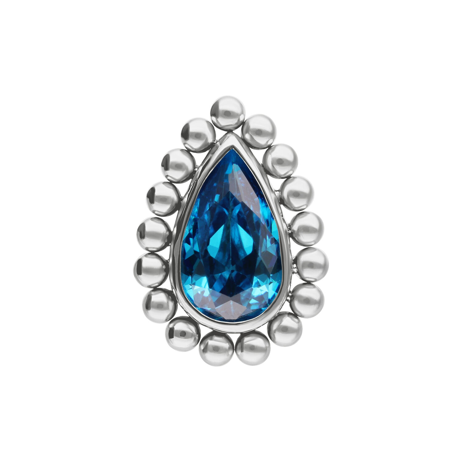 Embout Goutte Cristal Turquoise Cristal bleu turquoise en forme de goutte avec perles argentées sur fond blanc