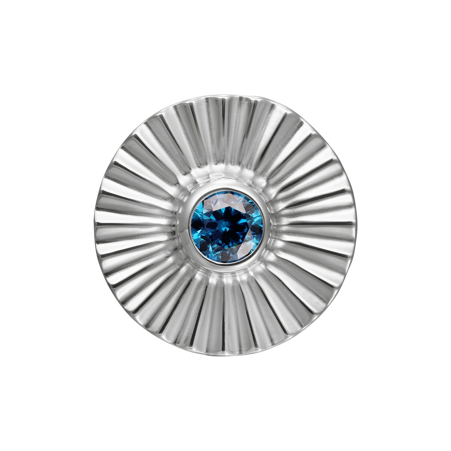 Embout en or blanc avec cristal turquoise Embout rond en titane avec cristal turquoise au centre sur fond blanc