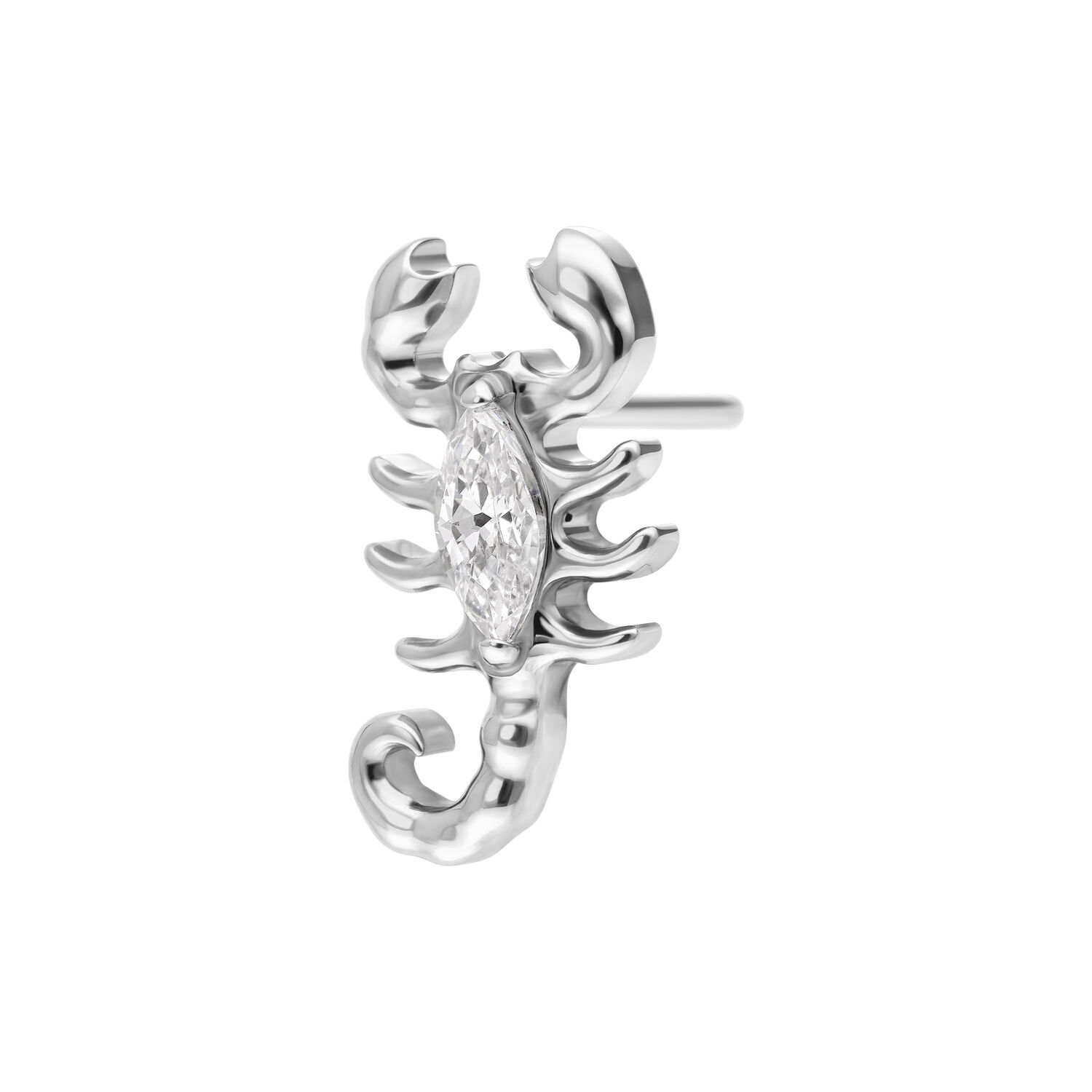 Embout Scorpion Argenté avec Cristal Embout de piercing en forme de scorpion argenté avec cristal clair sur fond blanc