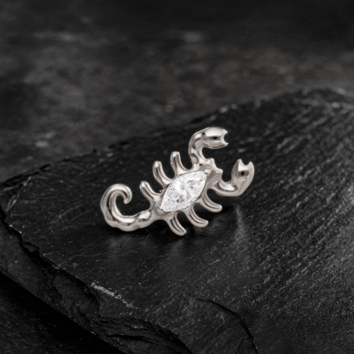 Embout Scorpion Argenté avec Cristal Embout Scorpion argenté avec cristaux clairs sur ardoise foncée