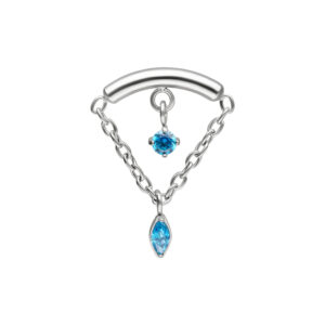 Embout Helix argenté avec deux cristaux turquoise, chaînes et un arc sur fond blanc