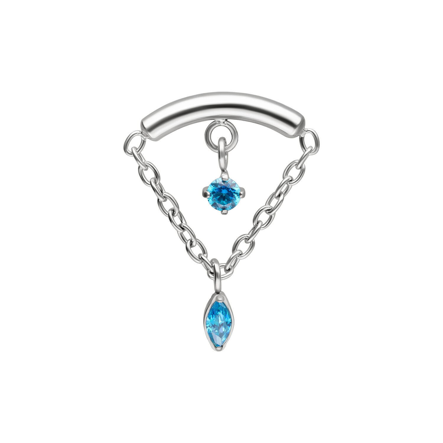 Double turquoise embout Helix Push Fit Embout Helix argenté avec deux cristaux turquoise, chaînes et un arc sur fond blanc