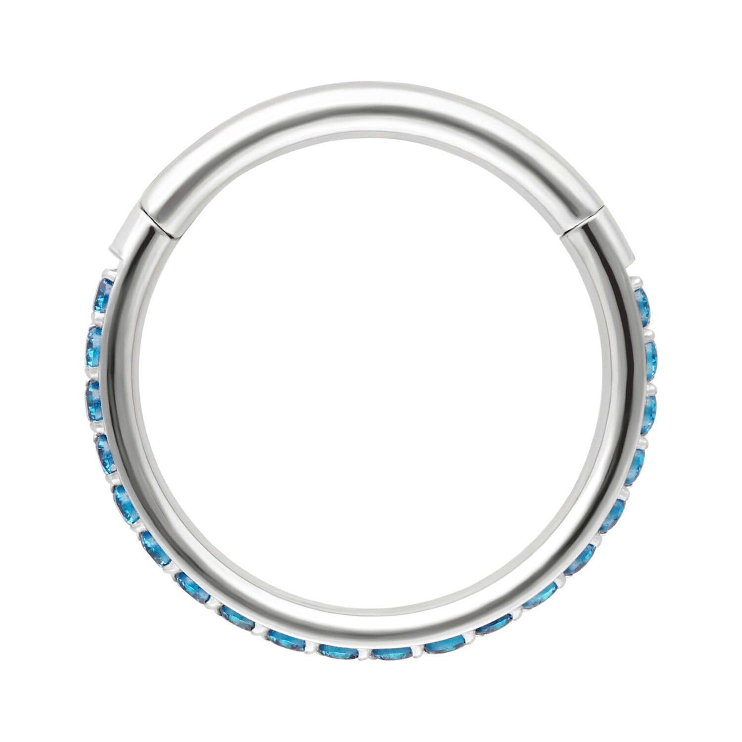 Clicker argenté avec cristaux turquoises Clicker rond argenté avec cristaux turquoises le long du bord, sur fond blanc