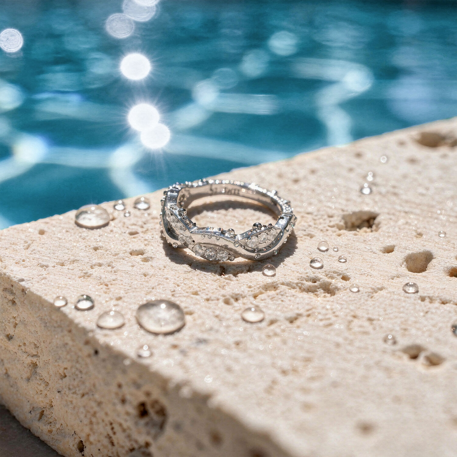 Bague en or blanc avec cristaux sur surface en pierre, devant une piscine