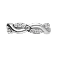 Bague argentée avec design en forme de vague, ornée de cristaux clairs, sur fond blanc