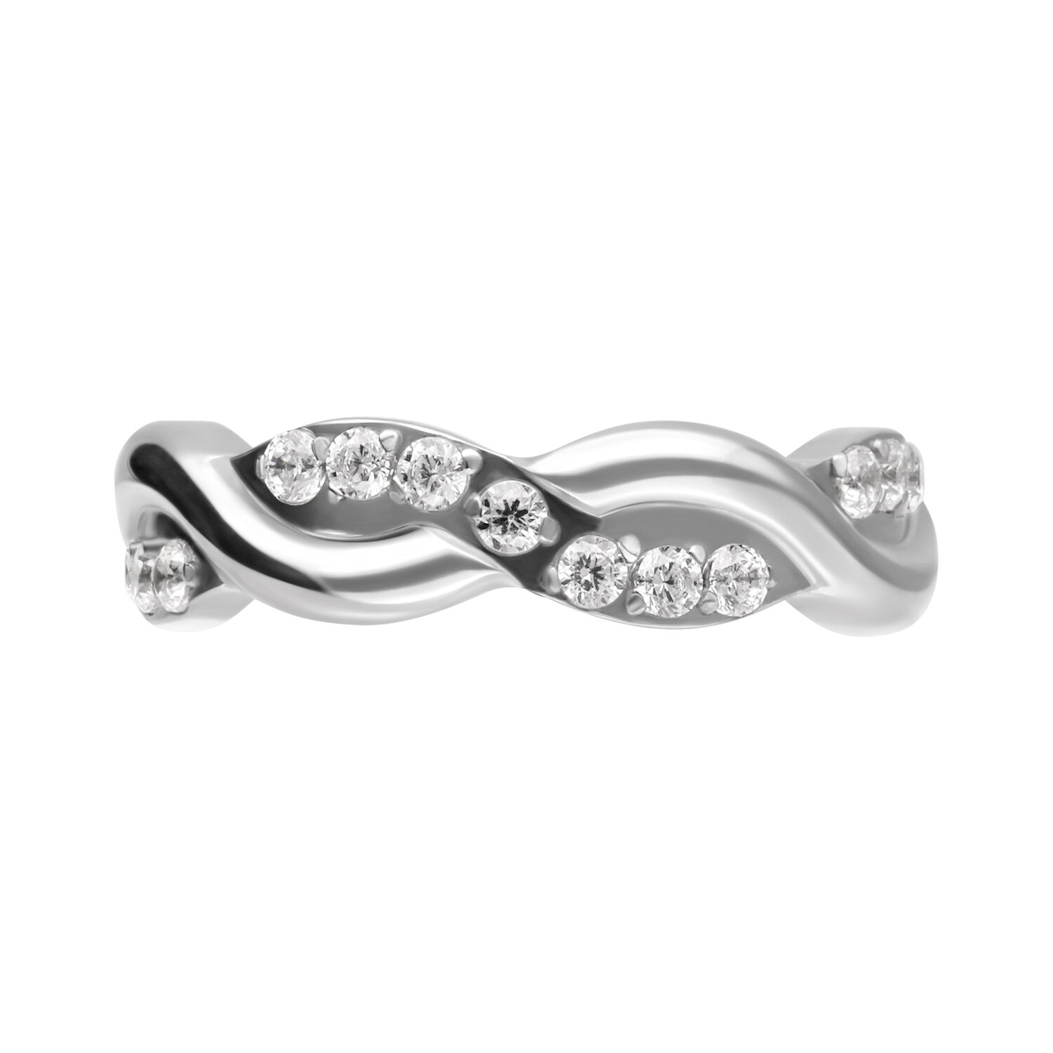 Bague argentée avec design en forme de vague, ornée de cristaux clairs, sur fond blanc