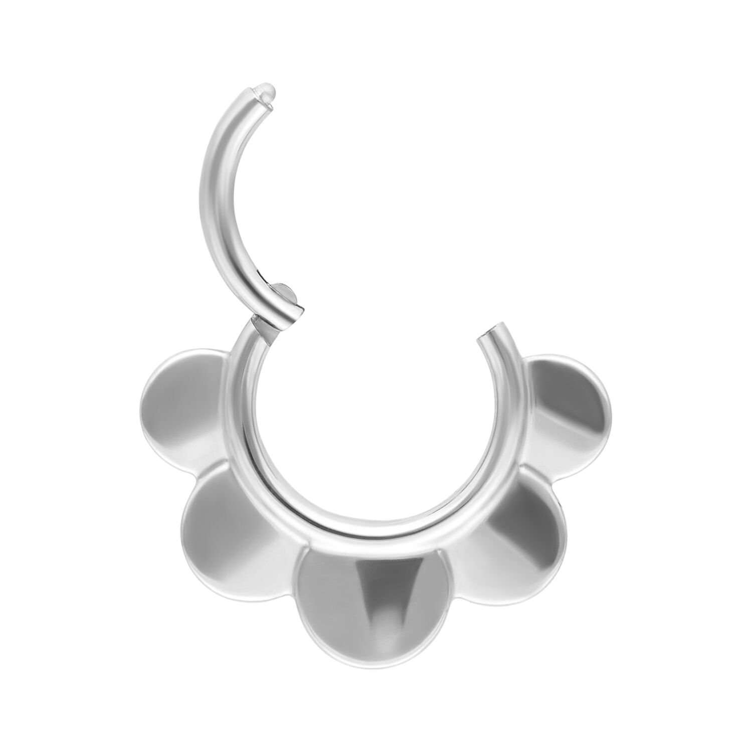 Clicker Septum demi-fleur argenté Clicker argenté en forme de demi-fleur sur fond blanc