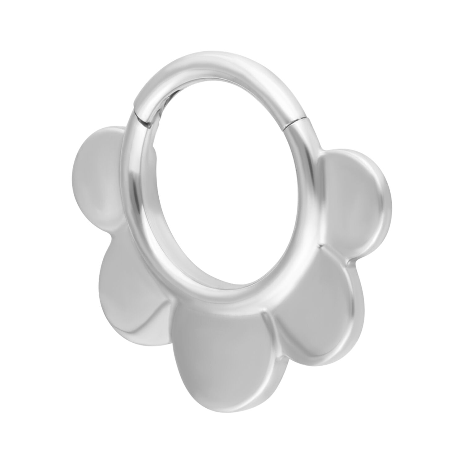 Clicker de Septum Demi-Fleur Argenté Clicker argenté en forme de demi-fleur sur fond blanc